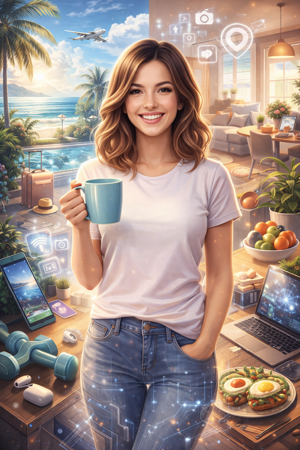 Smiling woman in a white t‑shirt holds a blue mug in a bright, tech-enabled living space with a tropical outdoor view and smart-home icons nearby.