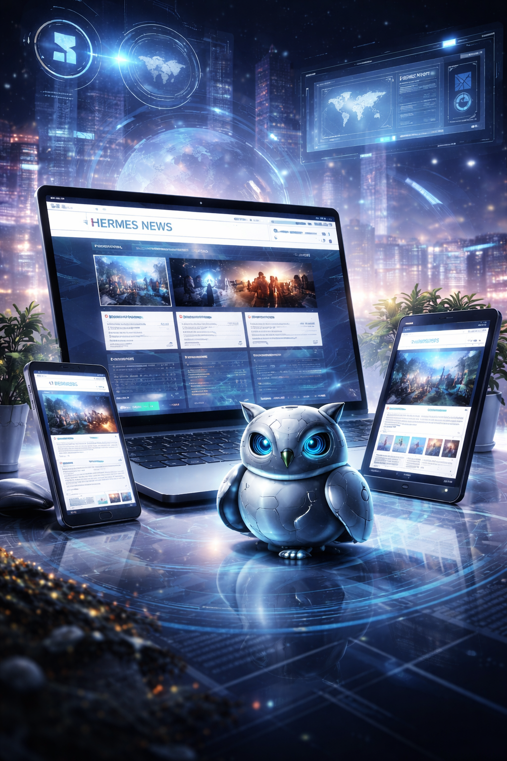 Futuristic desk with a blue-lit robotic owl in front of a laptop and three tablets displaying a news site, with holographic cityscapes in the background.