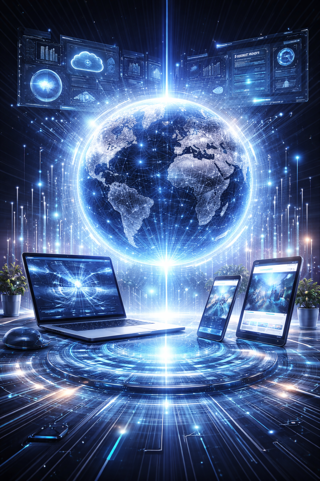 Futuristic global network: a glowing Earth at center with data screens and multiple devices around.