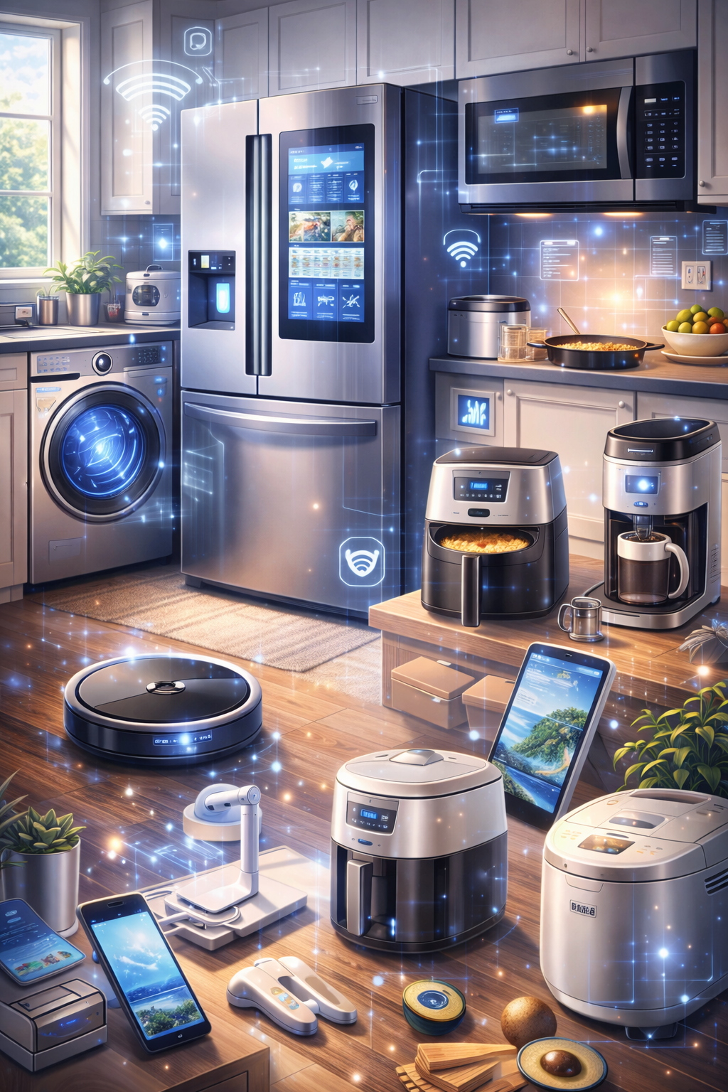 Futuristic kitchen with multiple smart appliances connected by wireless icons: fridge, oven, microwave, washing machine, robot vacuum, smart crocks and tablet control center.