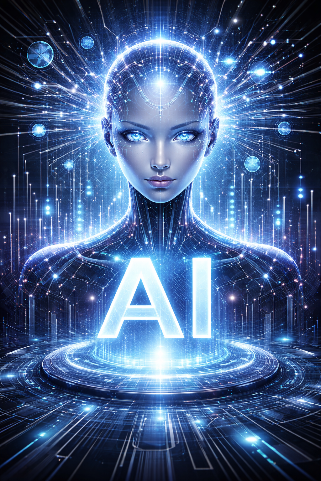 Futuristic blue-toned female AI figure with glowing circuits and the letters AI illuminated at chest level, symbolizing artificial intelligence.